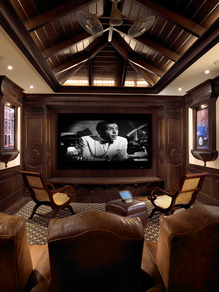 Island style carpeted and multicolored floor home theater photo in Miami