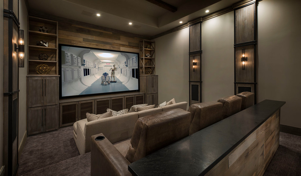 Mediterranean home cinema in Dallas with grey walls, carpet and brown floors.