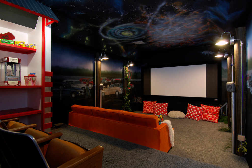 Design ideas for an eclectic home cinema in Denver.