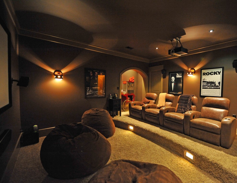 Example of a mountain style beige floor home theater design in Charleston