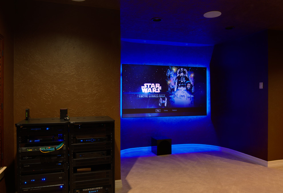 Design ideas for a small enclosed home cinema in Houston with brown walls, carpet and a projector screen.