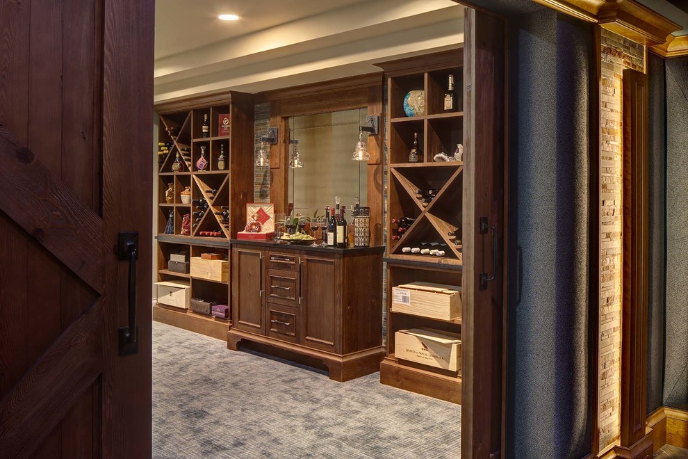 Inspiration for a large classic wine cellar in New York with porcelain flooring and brown floors.