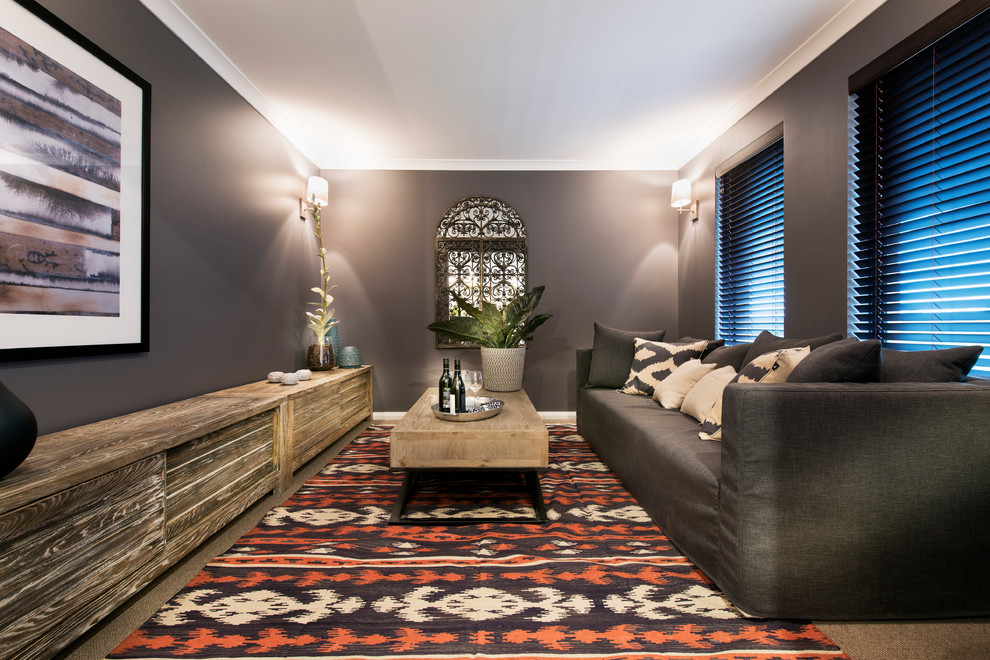 Inspiration for a large timeless enclosed carpeted home theater remodel in Perth with gray walls