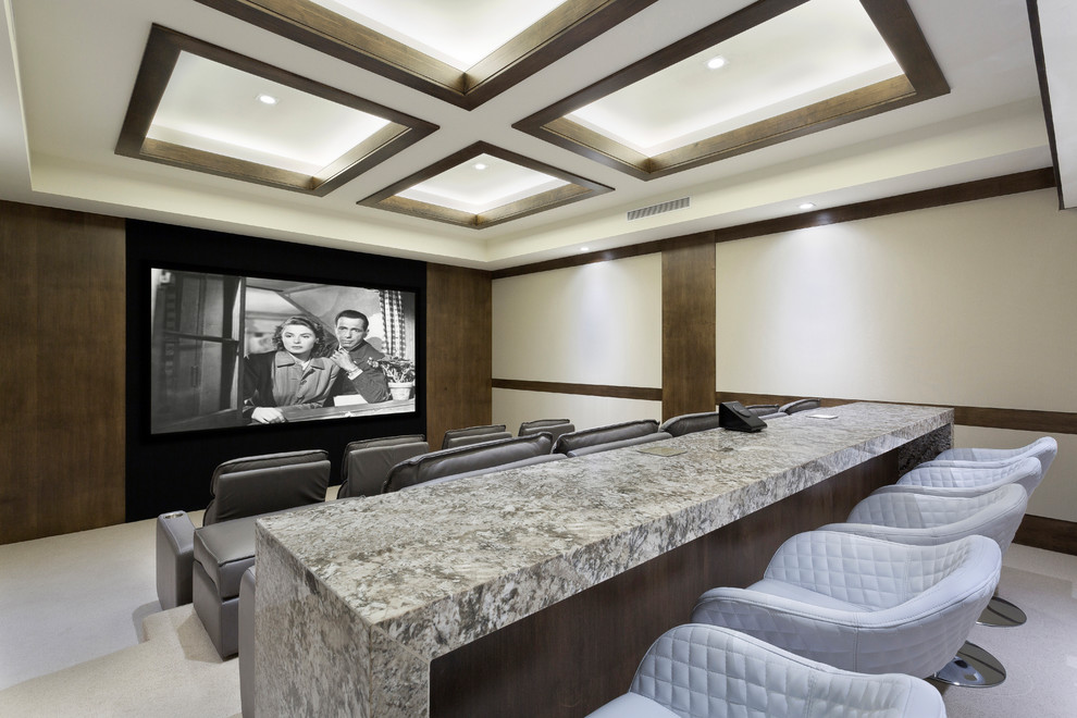 Modelo de cine en casa cerrado clásico renovado con pantalla de proyección, paredes multicolor, moqueta y suelo beige