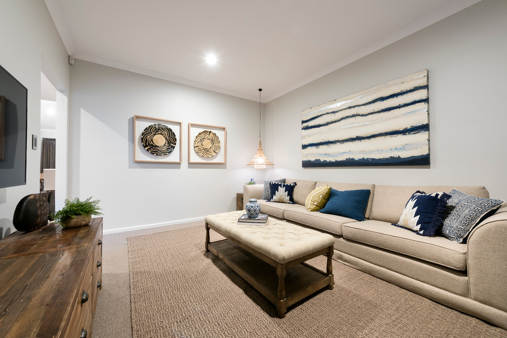 Inspiration for a mid-sized contemporary enclosed carpeted home theater remodel in Perth with gray walls and a wall-mounted tv