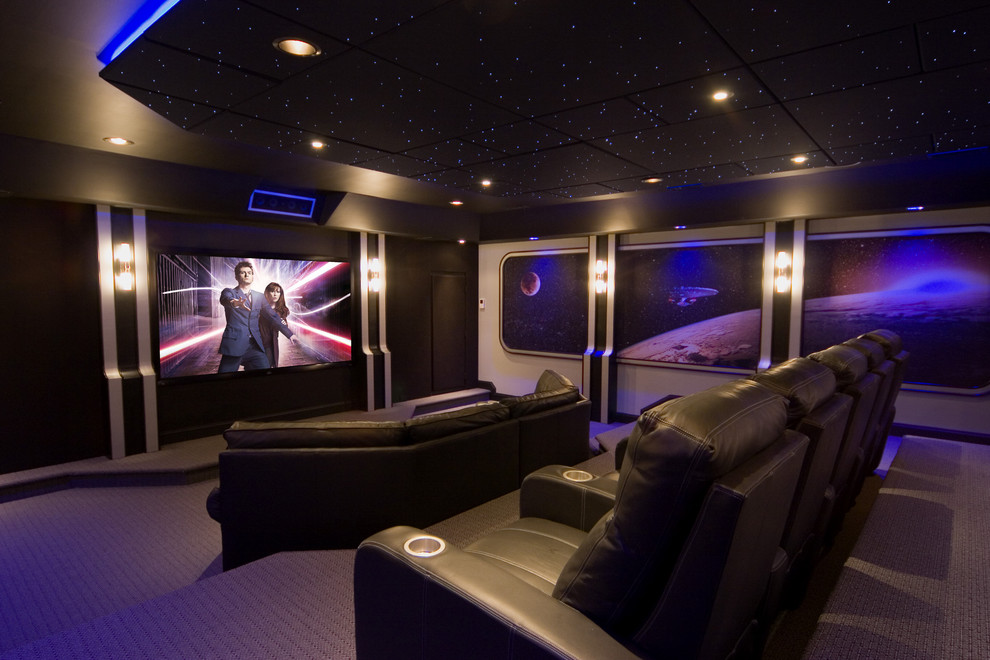 This is an example of a contemporary enclosed home cinema in DC Metro with purple floors.