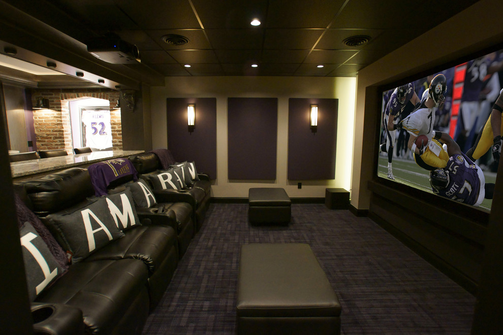 Example of a small classic open concept carpeted and black floor home theater design in Baltimore with beige walls and a projector screen