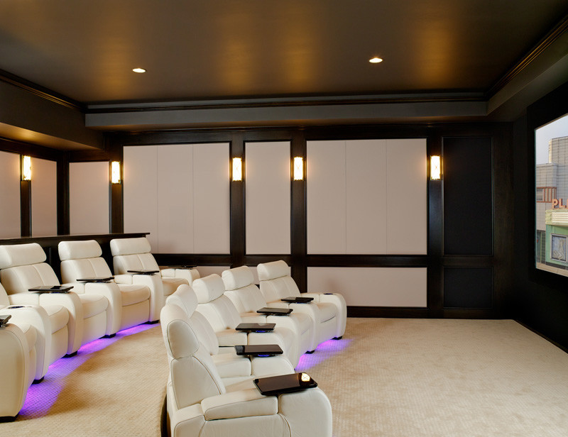 This is an example of a large classic enclosed home cinema in Minneapolis with black walls, carpet and a built-in media unit.