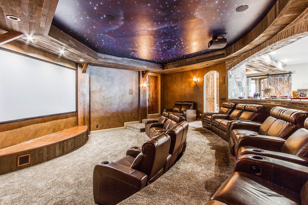 Inspiration for a rustic home theater remodel in Salt Lake City