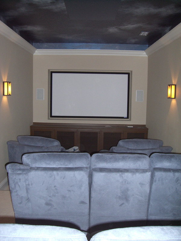 Idee per un home theatre con pareti beige, moquette e schermo di proiezione