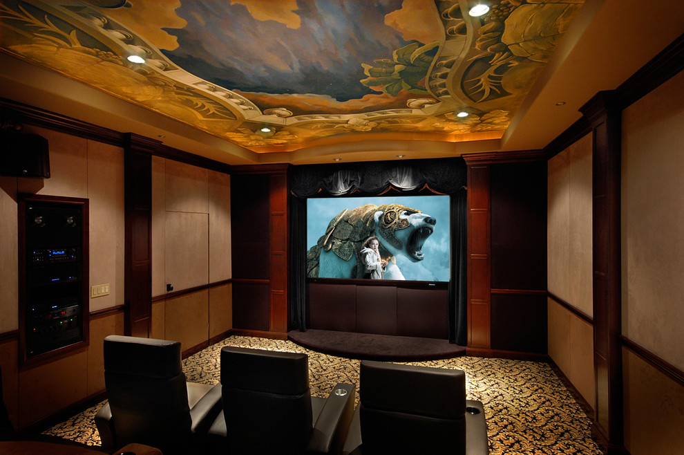 This is an example of a large classic enclosed home cinema in Houston with beige walls, carpet, a wall mounted tv and yellow floors.