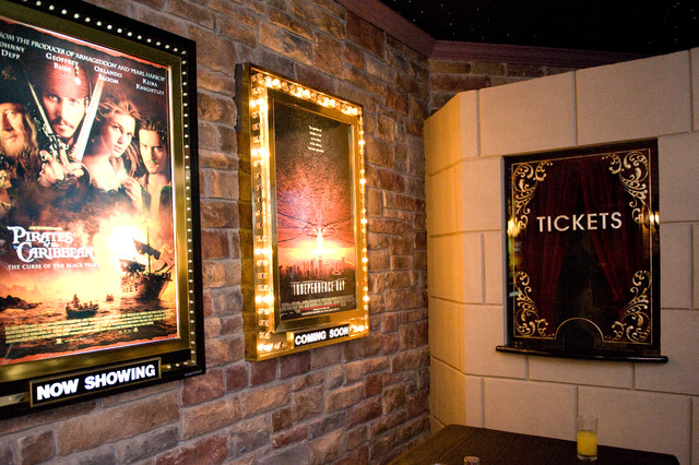 Theater Room - Entry With Light Up Movie Poster Cases and Ticket Booth ...