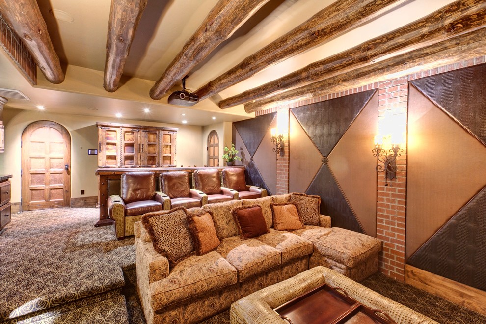 Tuscan carpeted home theater photo in Other