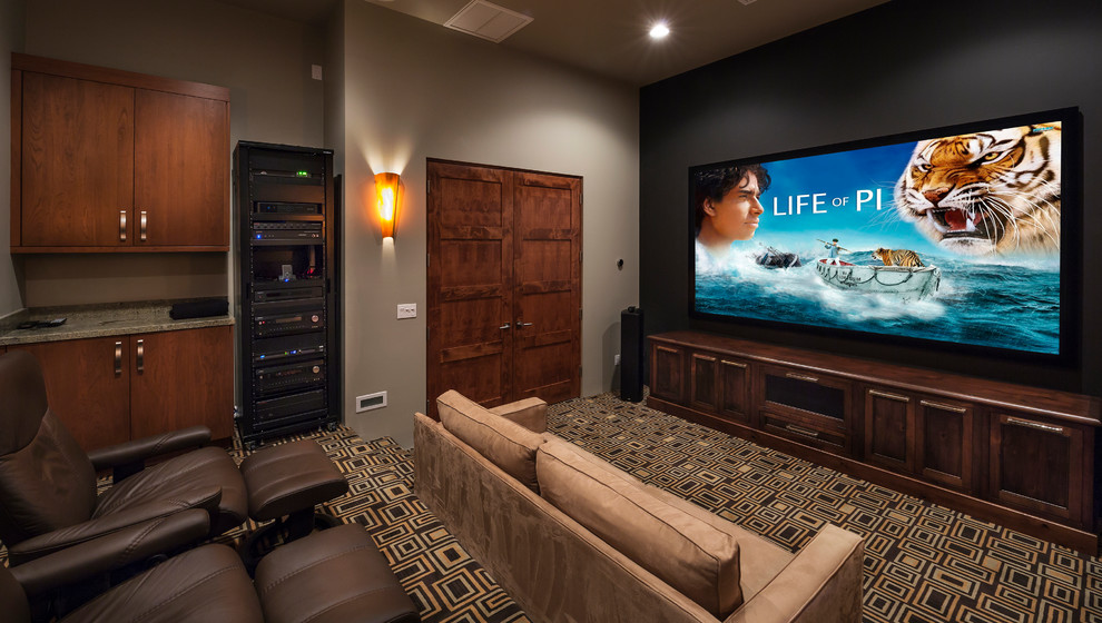 Design ideas for a traditional home cinema in Phoenix with a projector screen and multi-coloured floors.