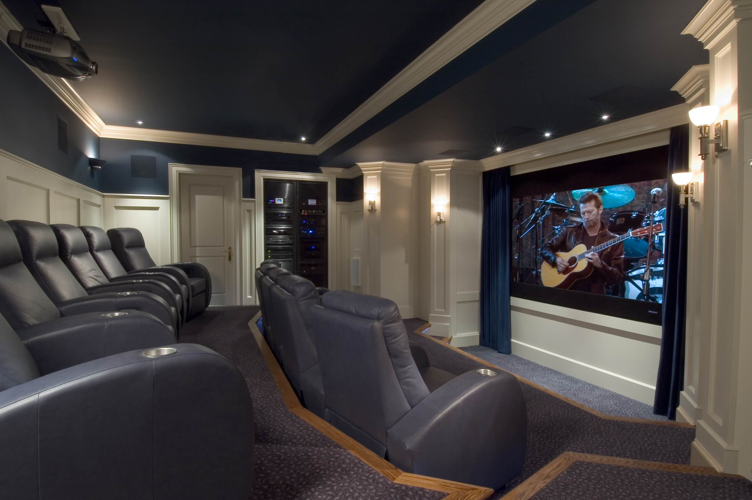 Hide your wires behind crown molding.  Home theater setup, Home theater  seating, Crown molding