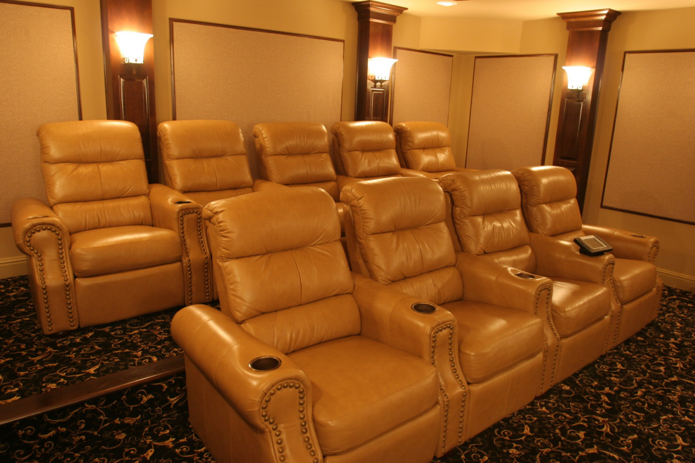 Inspiration for a medium sized classic enclosed home cinema in Other with beige walls, carpet, a projector screen and brown floors.