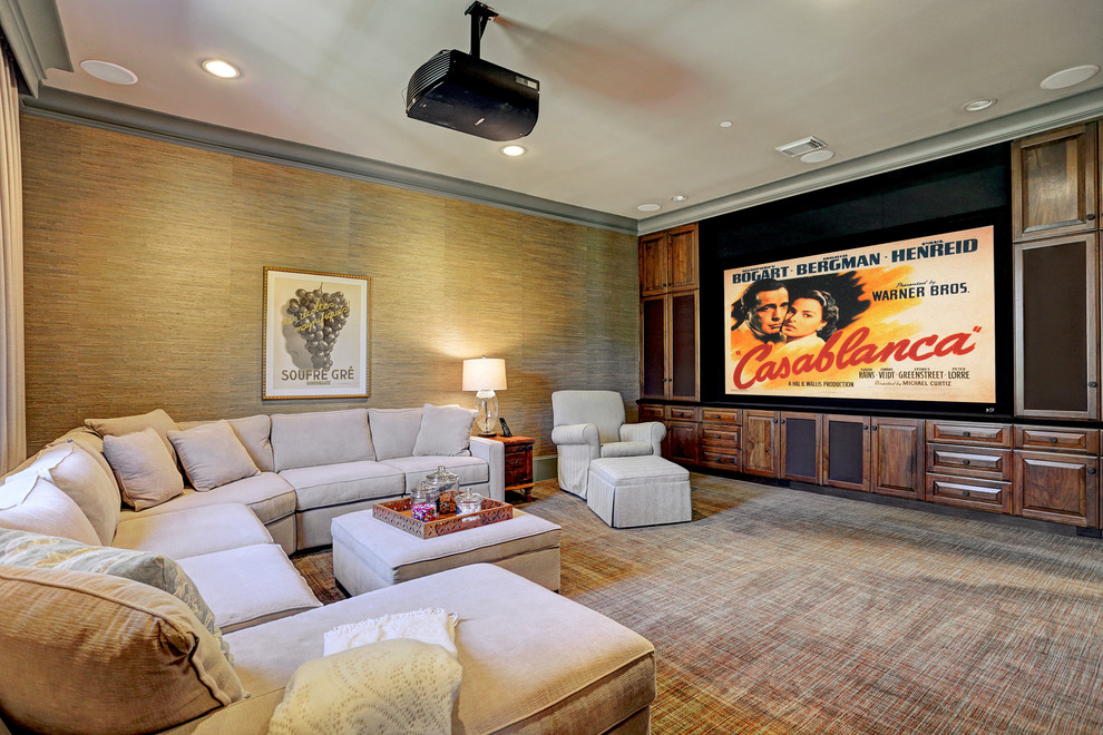 Inspiration for a timeless home theater remodel in Houston