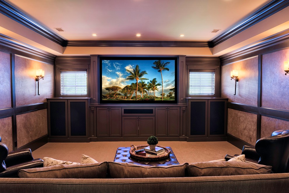 Inspiration for a craftsman home theater remodel in Other