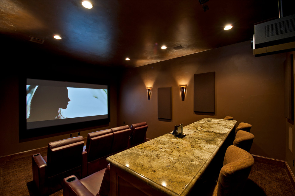 Inspiration for a mediterranean home theater remodel in Austin