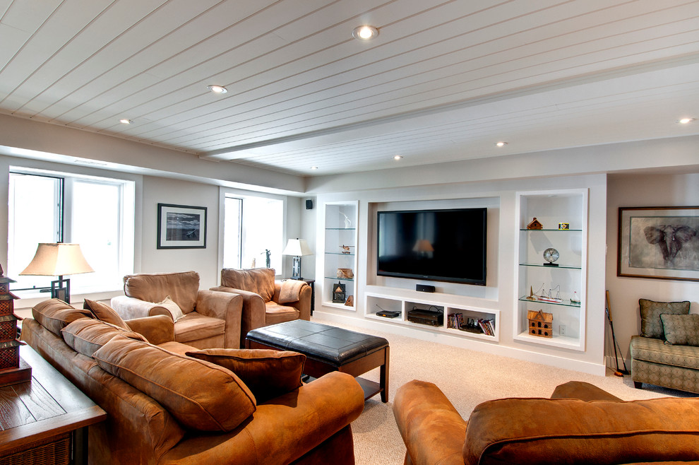 Example of a beach style home theater design in Charlotte