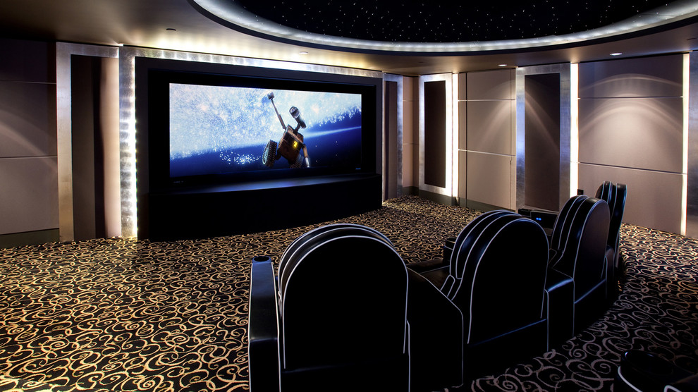 Design ideas for a large contemporary enclosed home cinema in Vancouver with brown walls, carpet and a projector screen.