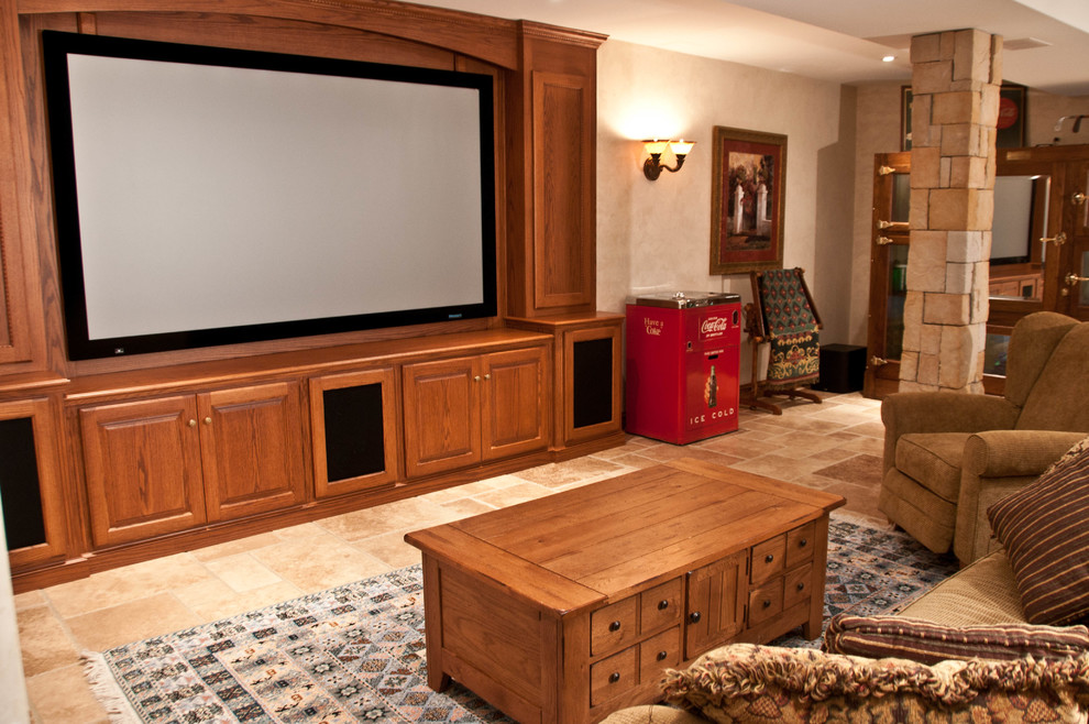 Inspiration for a classic open plan home cinema in Philadelphia with beige walls, ceramic flooring and a built-in media unit.