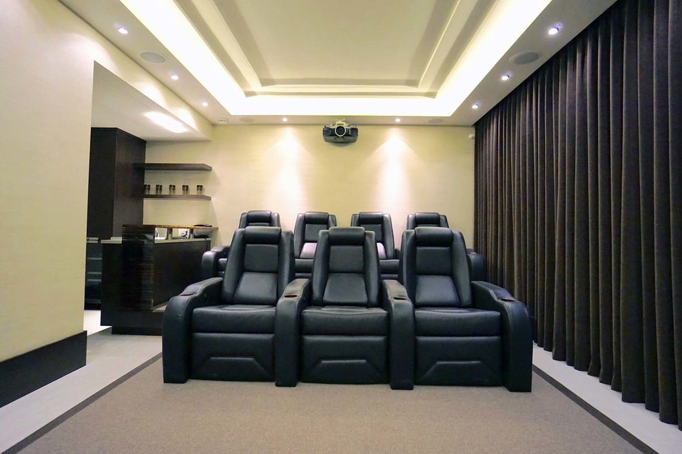 Inspiration for a contemporary home cinema in Vancouver.