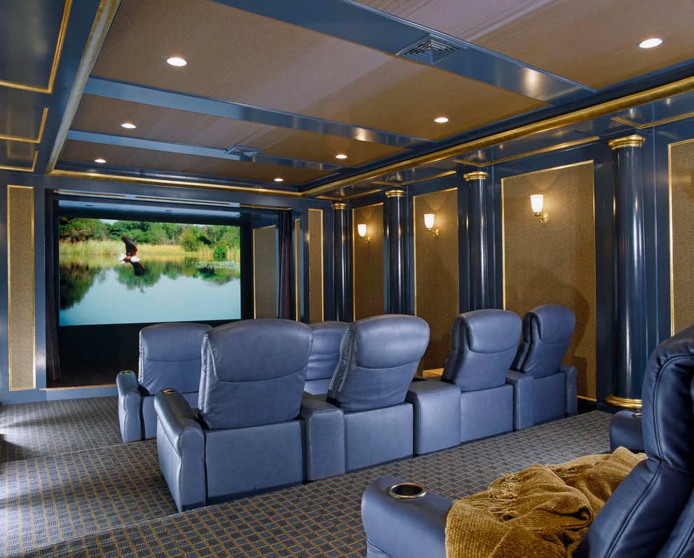 Example of a large classic enclosed carpeted and gray floor home theater design in Boston with multicolored walls and a projector screen