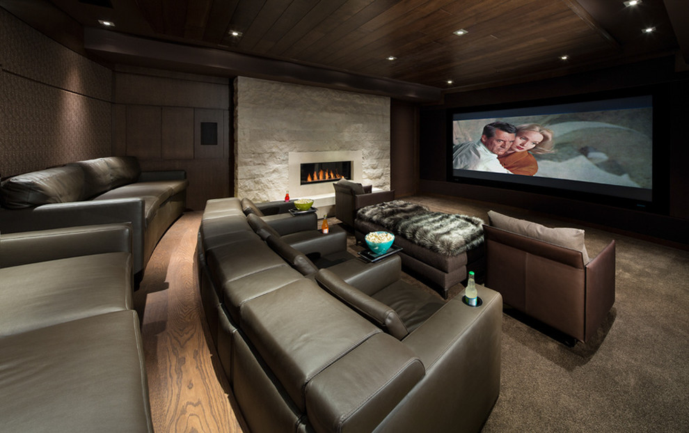 Свежая идея для дизайна: огромный изолированный домашний кинотеатр в современном стиле с коричневыми стенами, ковровым покрытием, проектором и коричневым полом - отличное фото интерьера