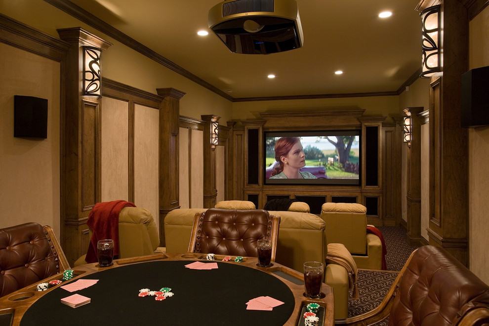 Cette photo montre une salle de cinéma montagne de taille moyenne et fermée avec un mur marron, moquette, un écran de projection et un sol multicolore.