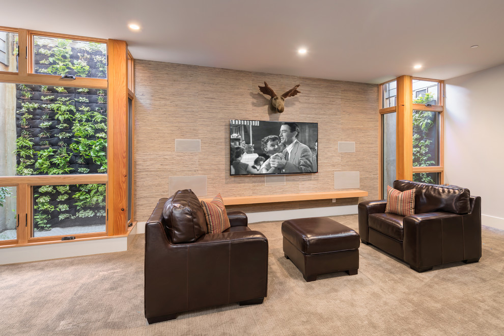 Large mountain style open concept carpeted home theater photo in San Francisco with gray walls and a wall-mounted tv