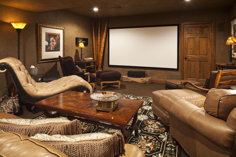 Home theater - eclectic home theater idea in Minneapolis with a projector screen