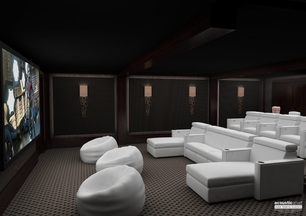 На фото: большой изолированный домашний кинотеатр в стиле модернизм с серыми стенами, ковровым покрытием, телевизором на стене и серым полом с