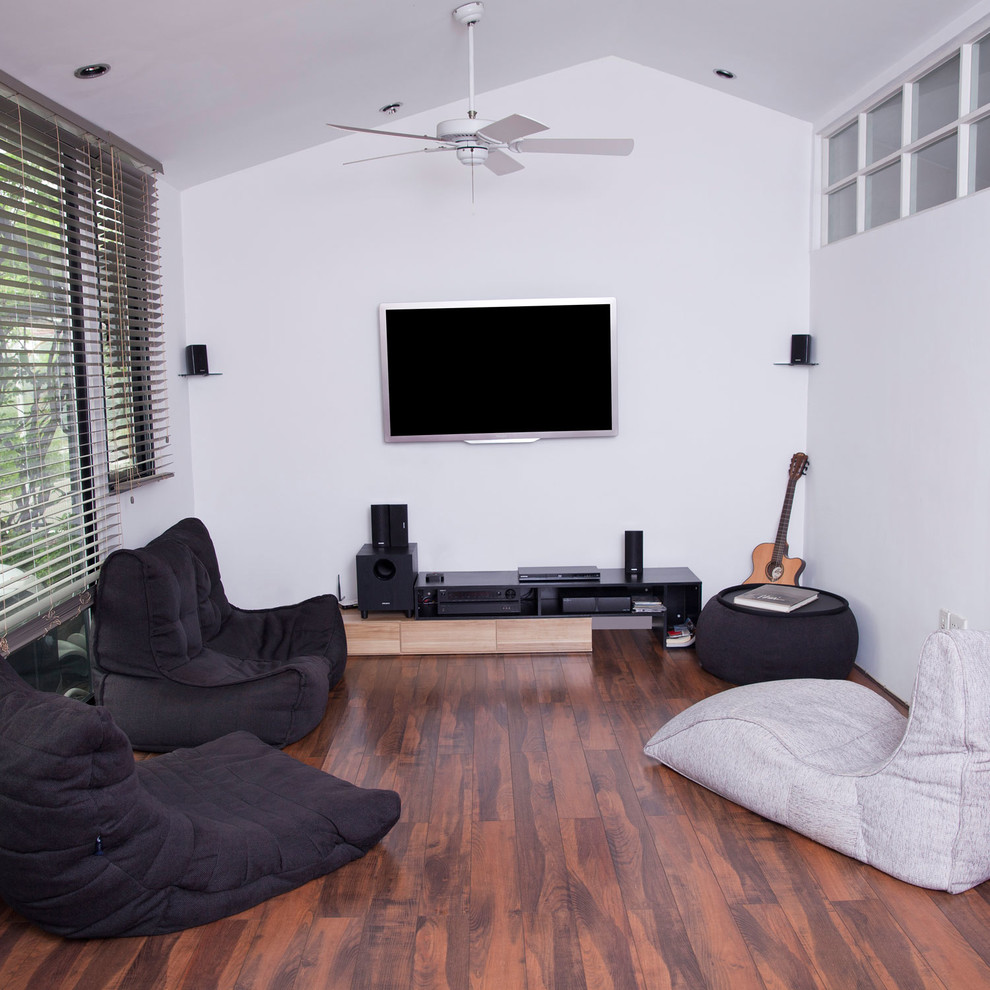 Modelo de cine en casa contemporáneo de tamaño medio con suelo de madera en tonos medios y televisor colgado en la pared