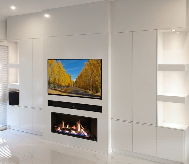 Custom Home Cinema and Fireplace Modern Home Theatre Sydney by