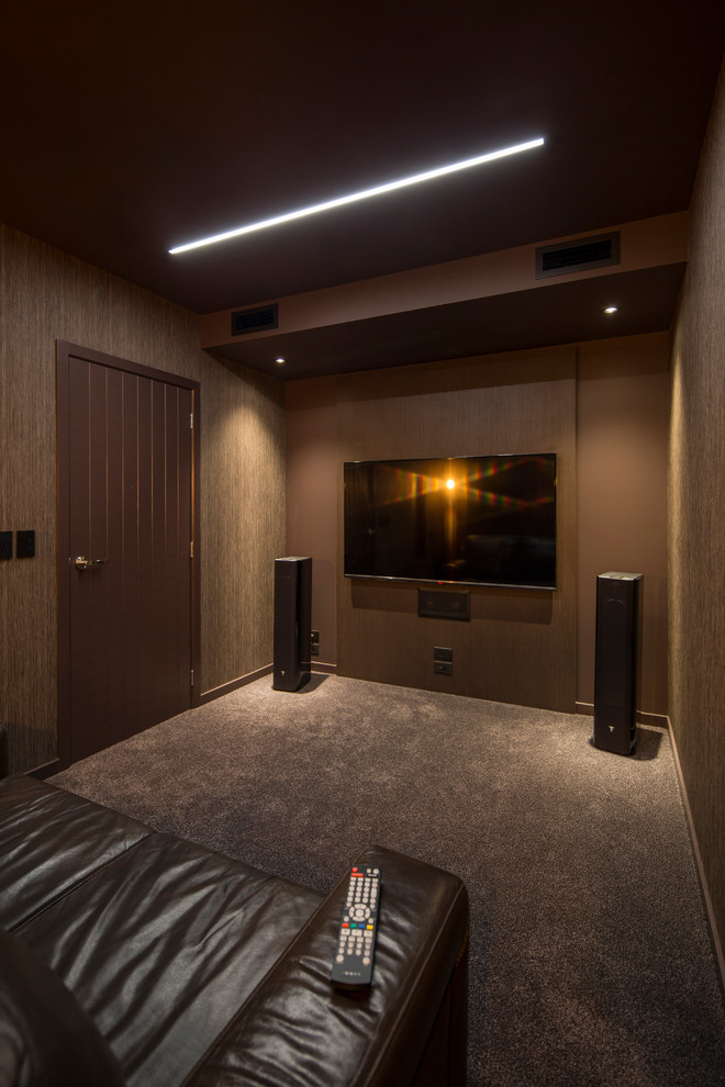 Cette image montre une petite salle de cinéma minimaliste fermée avec un mur marron, moquette et un téléviseur fixé au mur.