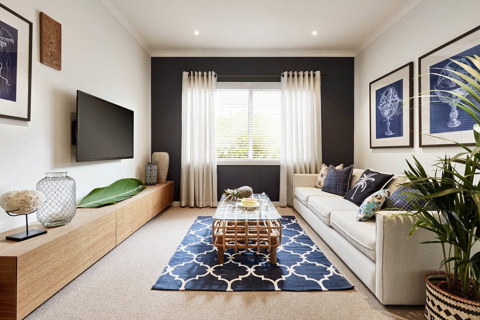Photo of a beach style home cinema in Melbourne.