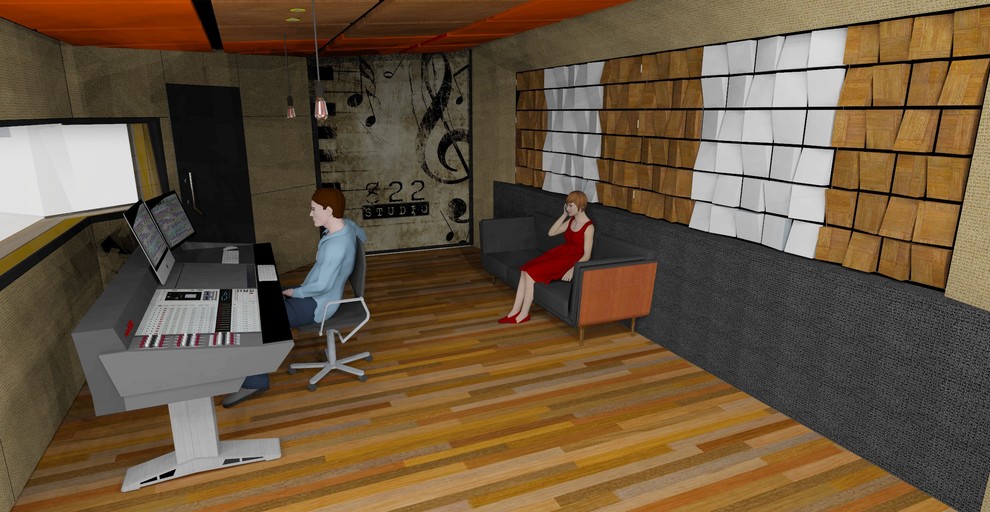 Idee per un home theatre moderno di medie dimensioni e chiuso con pareti beige e pavimento in legno massello medio