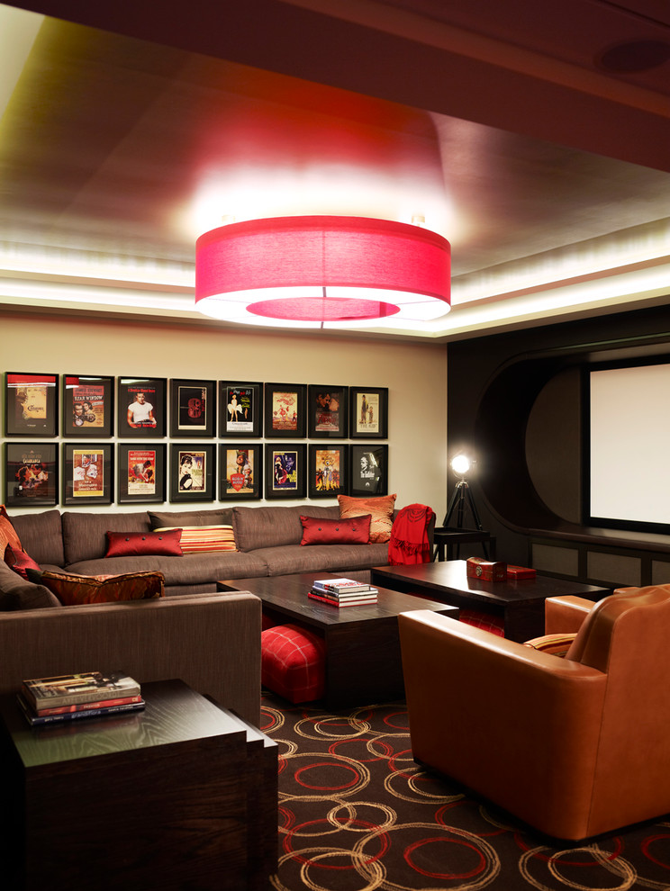 Design ideas for a contemporary enclosed home cinema in Sydney with beige walls and a projector screen.