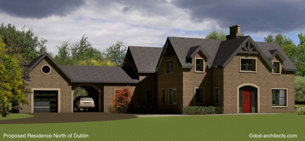 Huge elegant brown two-story stone gable roof photo in Other
