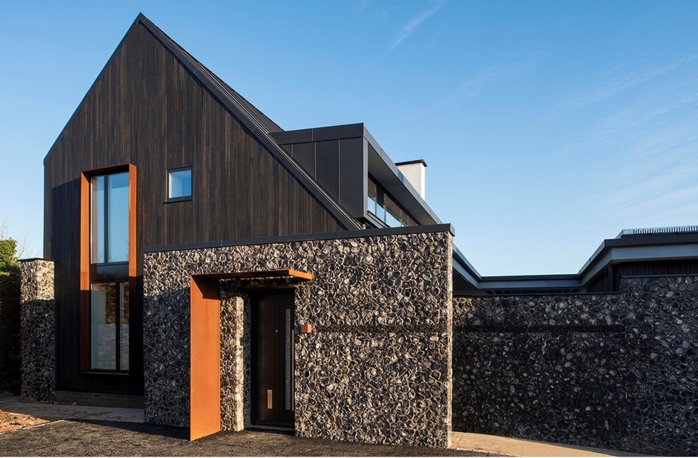 Cette image montre une grande façade de maison noire design en bois à un étage avec un toit à deux pans.