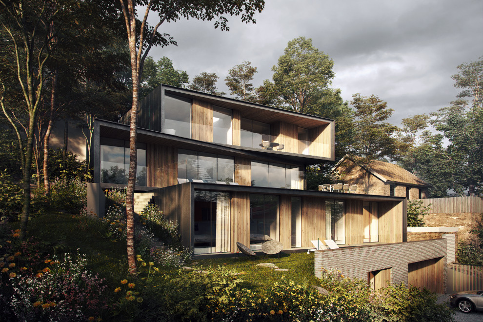 Mittelgroßes, Vierstöckiges Modernes Einfamilienhaus mit Metallfassade und Flachdach in Sussex