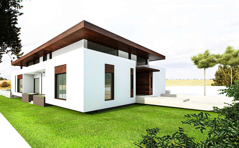 На фото: большой, трехэтажный, белый частный загородный дом в современном стиле с комбинированной облицовкой, двускатной крышей и черепичной крышей