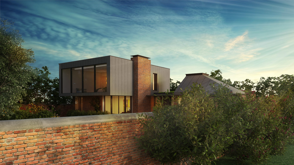 Foto de fachada de casa gris contemporánea de tamaño medio de dos plantas con revestimiento de metal, tejado plano y tejado de metal