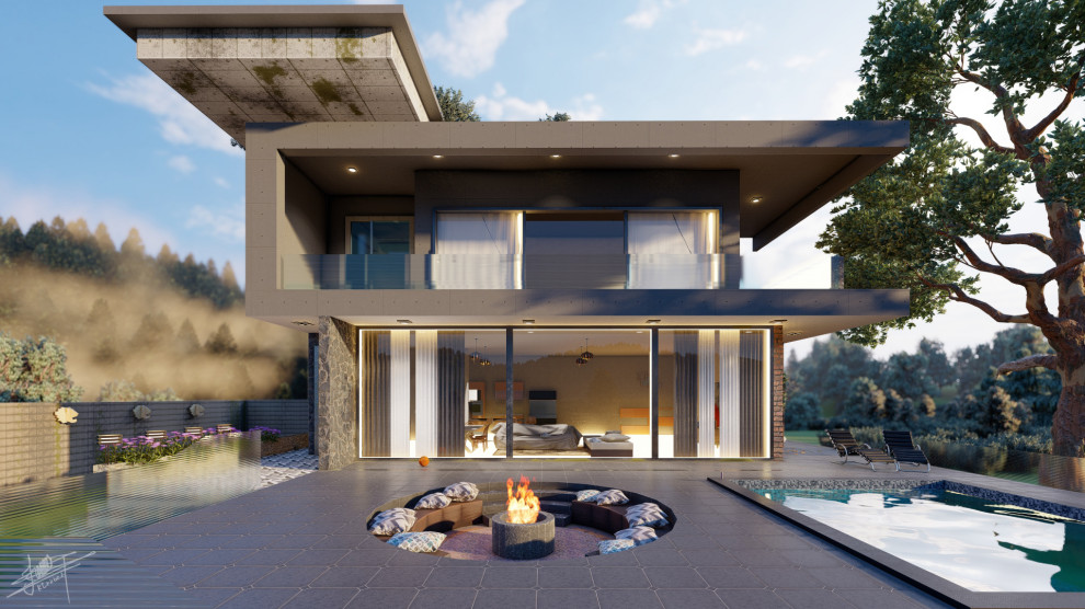 Cette image montre un façade d'immeuble minimaliste de taille moyenne avec un revêtement mixte, un toit plat et un toit végétal.