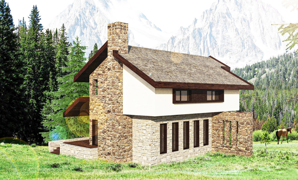 Idéer för att renovera ett mellanstort funkis beige hus, med två våningar, blandad fasad, sadeltak och tak med takplattor
