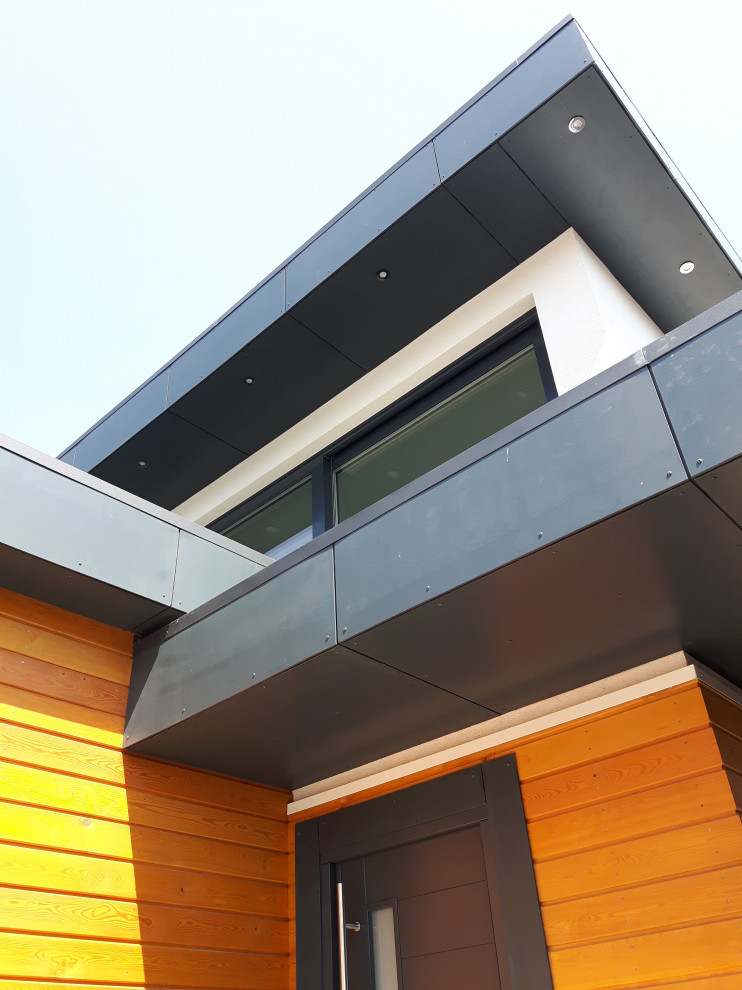 Идея дизайна: двухэтажный, разноцветный частный загородный дом в современном стиле с комбинированной облицовкой, плоской крышей, крышей из смешанных материалов, серой крышей и отделкой доской с нащельником