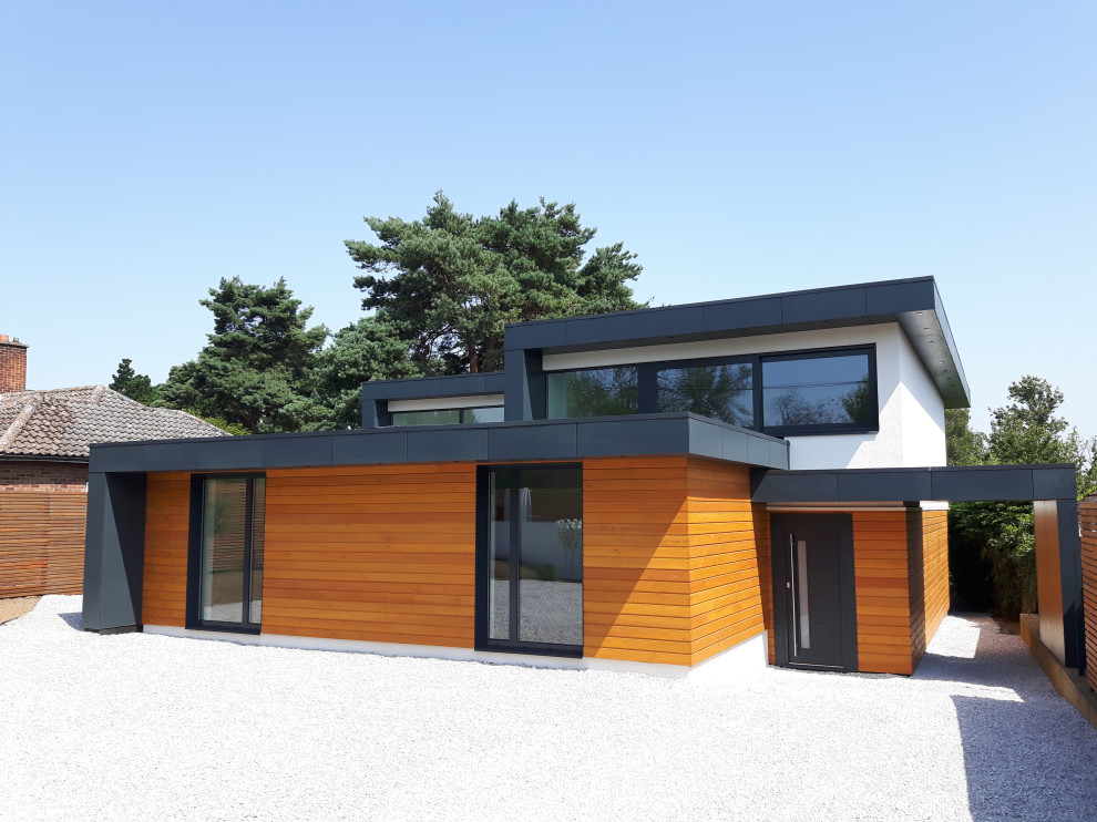 Inspiration pour une façade de maison multicolore design en planches et couvre-joints à un étage avec un revêtement mixte, un toit plat et un toit gris.