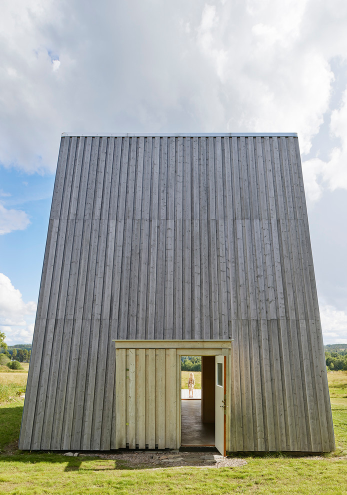 Idee per la facciata di una casa grigia scandinava con rivestimento in legno