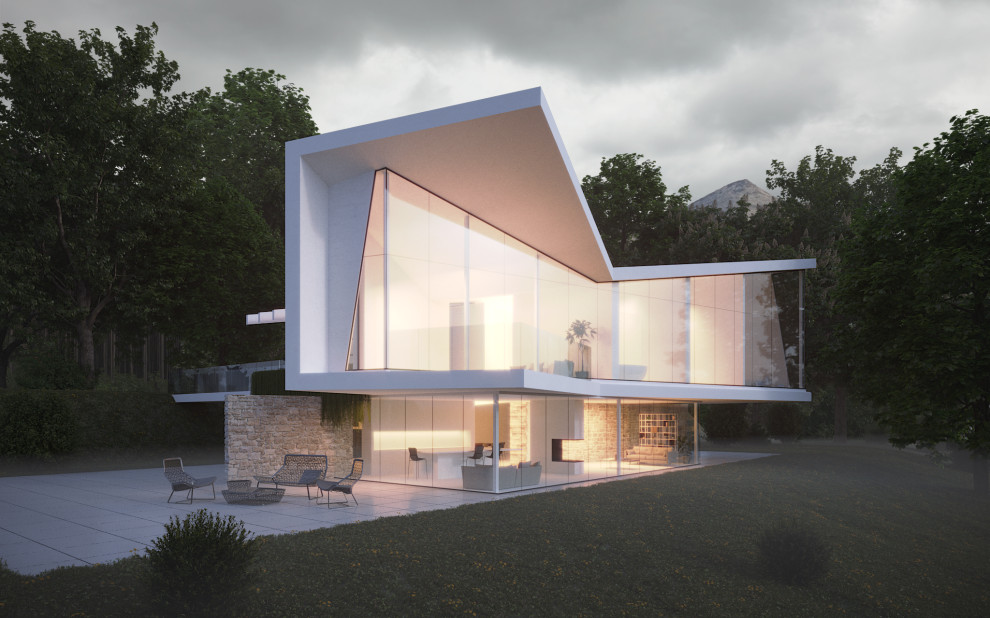 Cette photo montre une grande façade de maison blanche moderne en béton à un étage avec un toit en appentis et un toit mixte.